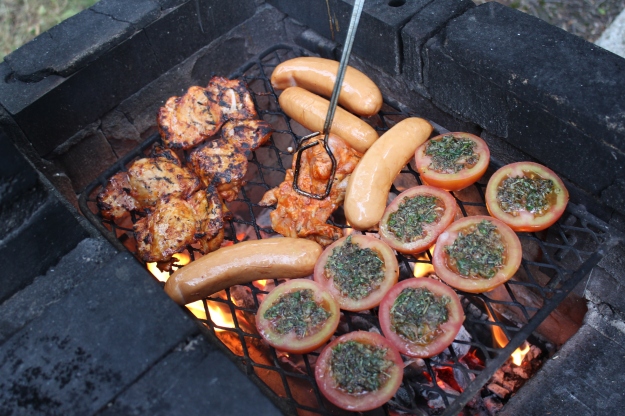 barbeque: tomatoes, chicken, sausages