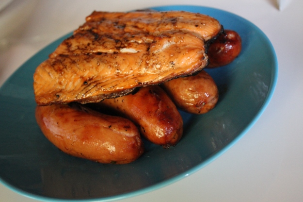salmon and sausages