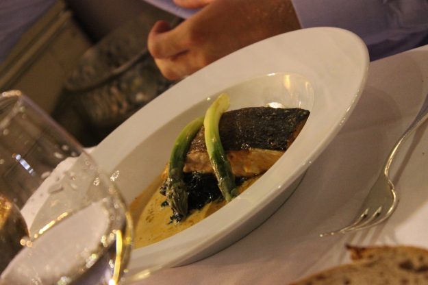 Baked Scottish salmon, spinach shoots, coconut emulsion and red curry 