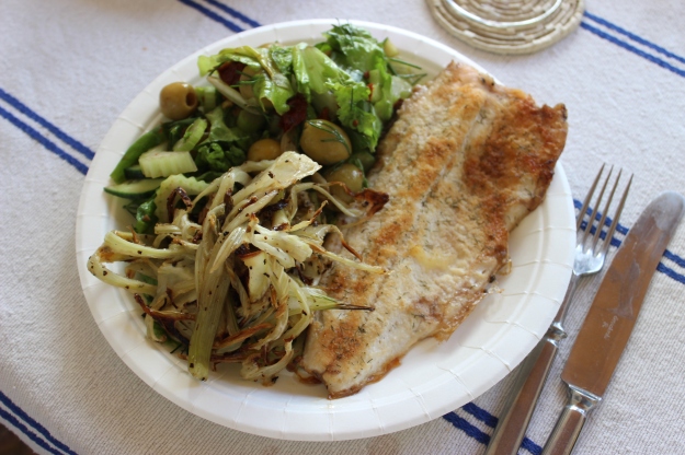 white fish, green salad, grilled fennel